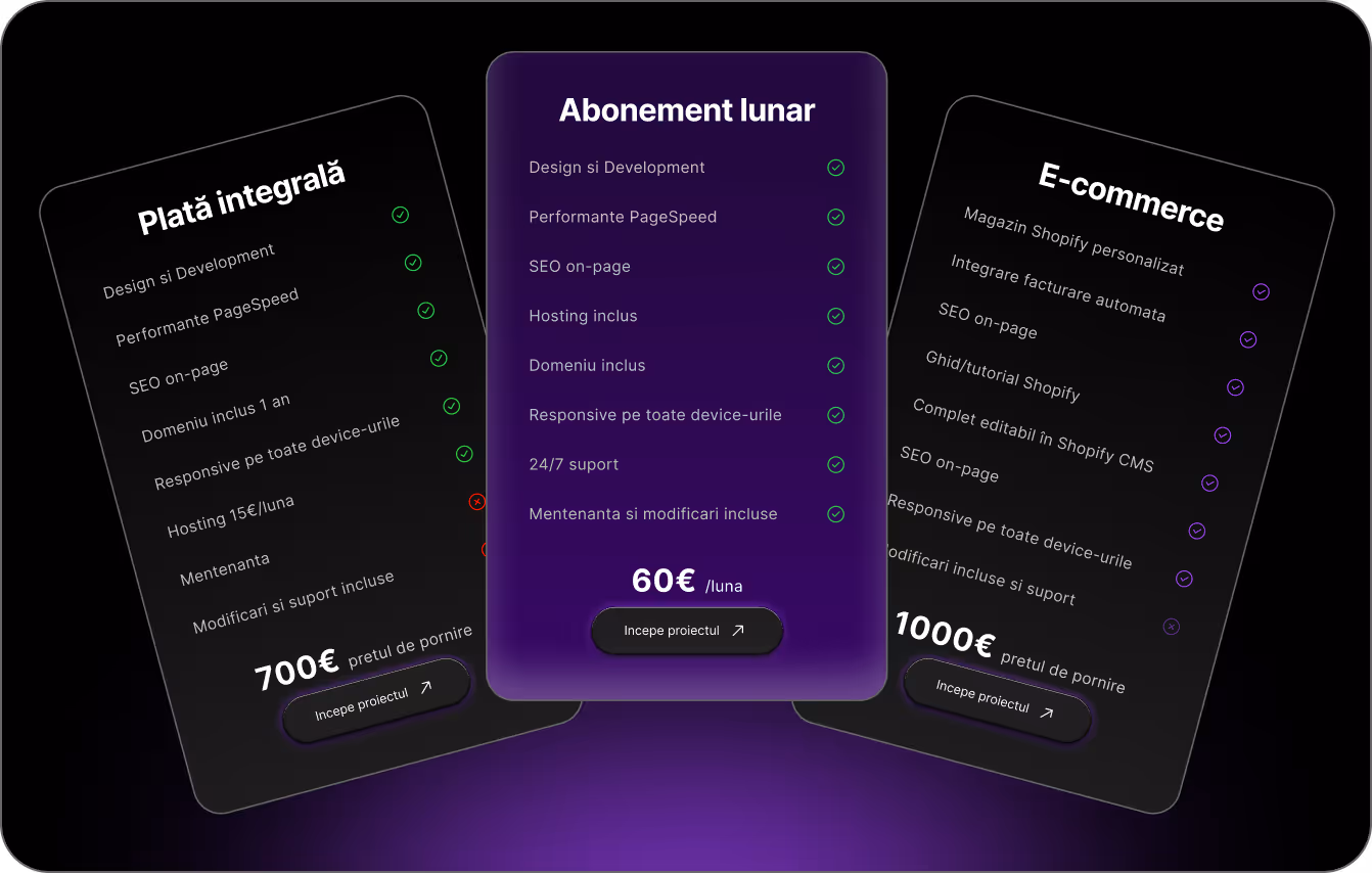 Plată integrală, Abonament lunar (60 €/lună) și E-commerce.